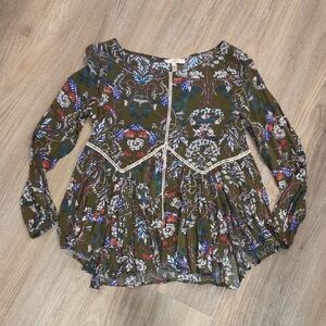 Entro Olive Floral Lace-Trim Peasant Tunic Size Small